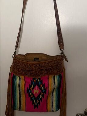 American West Hot Pink Southwestern Textile Crossbody with Tooled Brown Leather